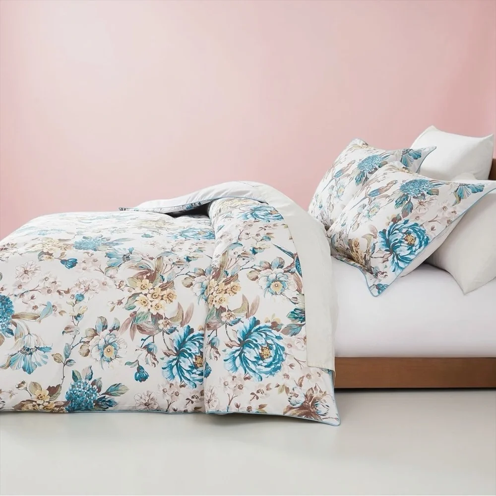 NEW Anthro White Blue Floral Bird Cotton Boho Queen King Bedding Duvet Sham Set - Picture 3 of 14